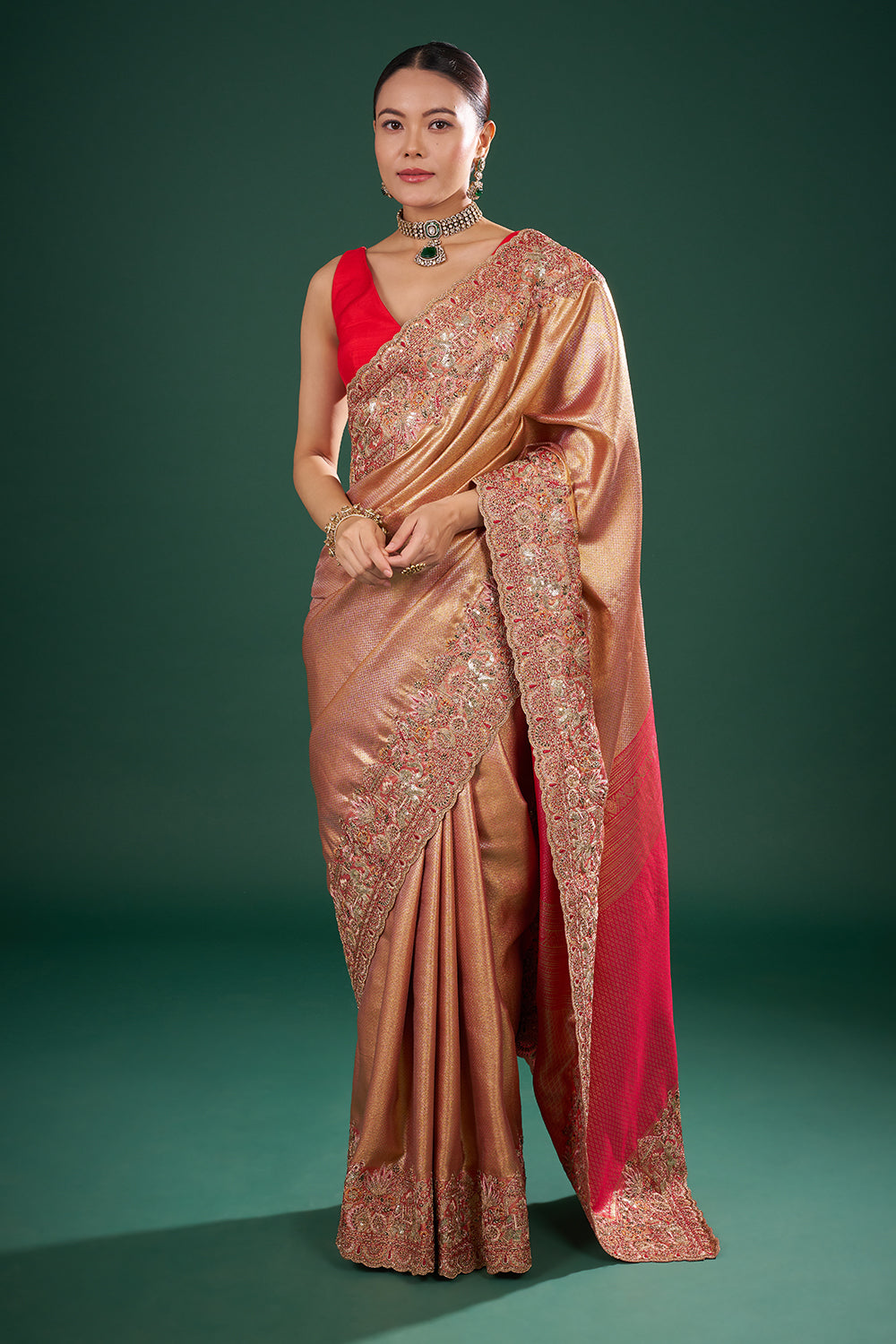 Red and Gold Pure Banarasi Saree with Zardozi Work and Unstitched Blouse