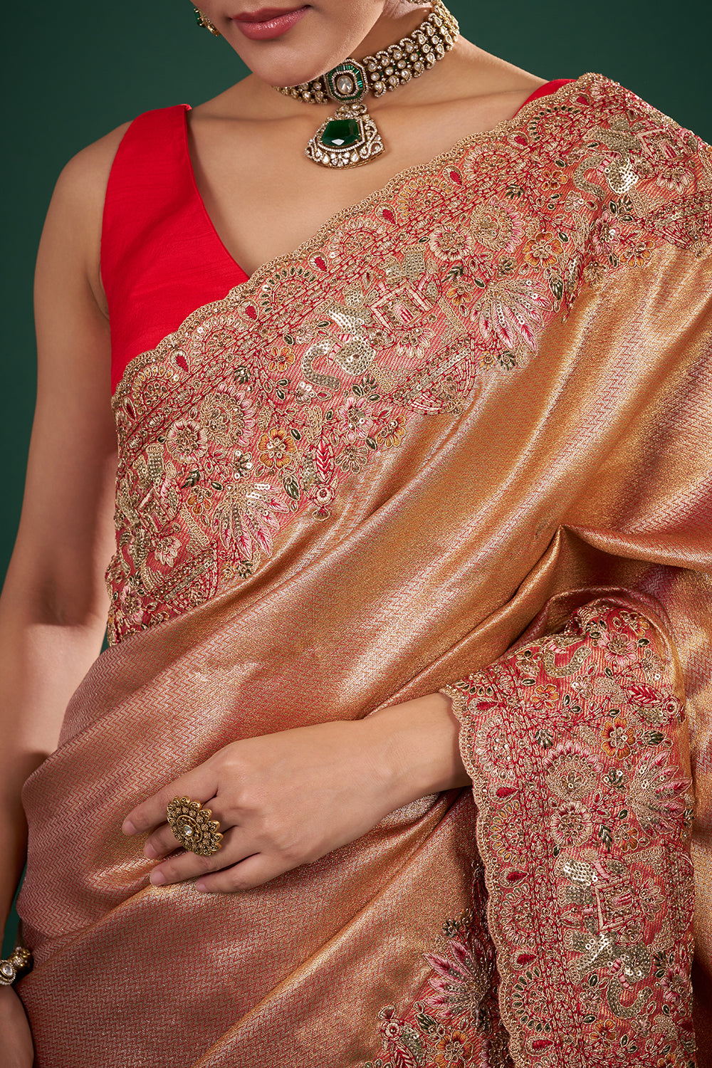 Red and Gold Pure Banarasi Saree with Zardozi Work and Unstitched Blouse