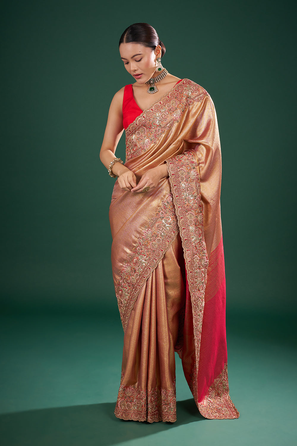 Red and Gold Pure Banarasi Saree with Zardozi Work and Unstitched Blouse