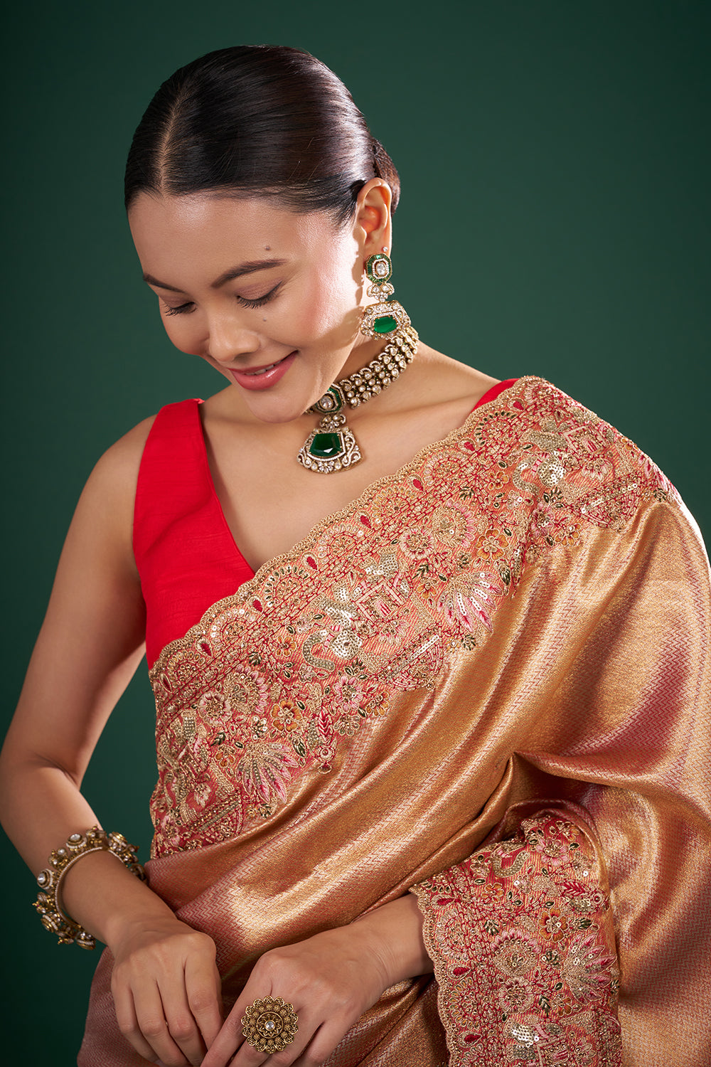 Red and Gold Pure Banarasi Saree with Zardozi Work and Unstitched Blouse
