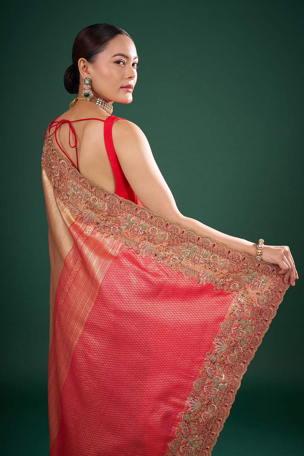 Red and Gold Pure Banarasi Saree with Zardozi Work and Unstitched Blouse