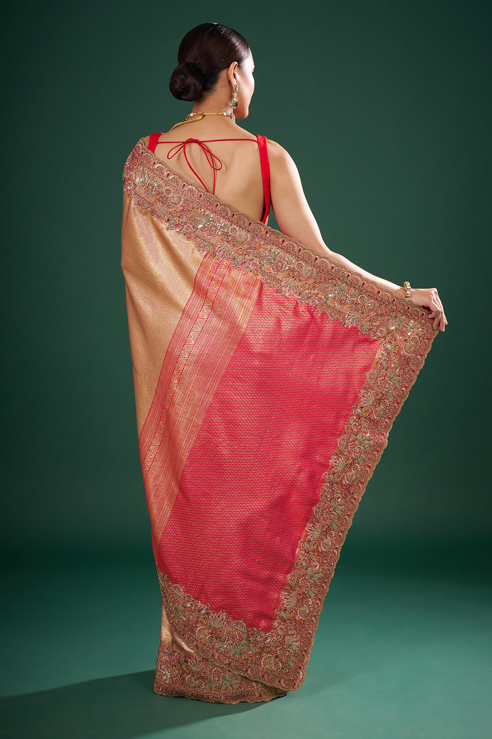 Red and Gold Pure Banarasi Saree with Zardozi Work and Unstitched Blouse