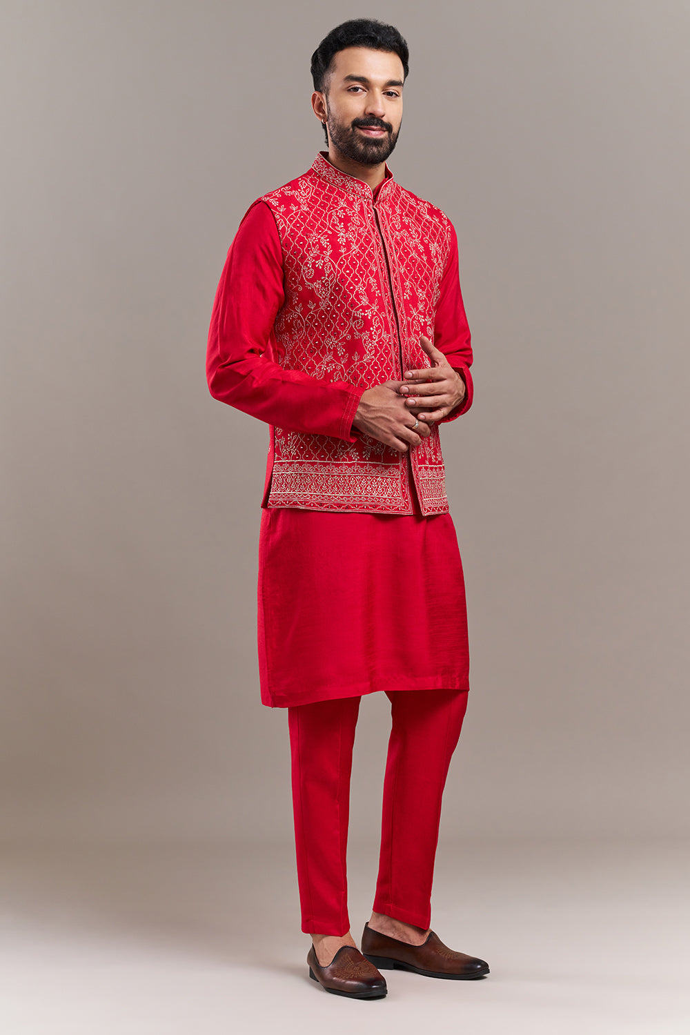 Red Art Silk Floral Work Men's Kurta with Jacket