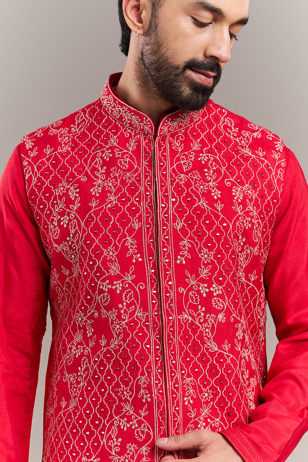 Red Art Silk Floral Work Men's Kurta with Jacket