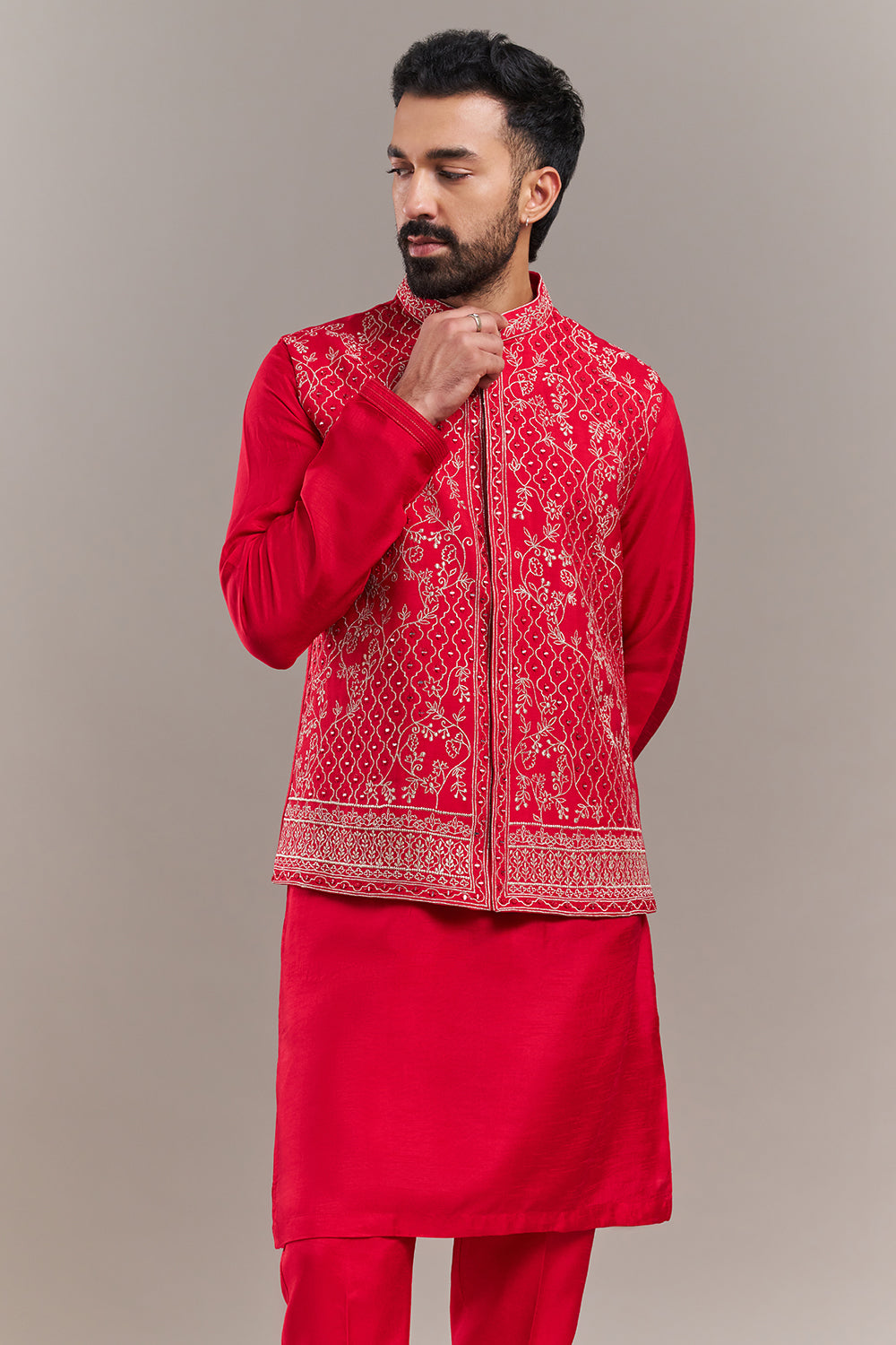 Red Art Silk Floral Work Men's Kurta with Jacket