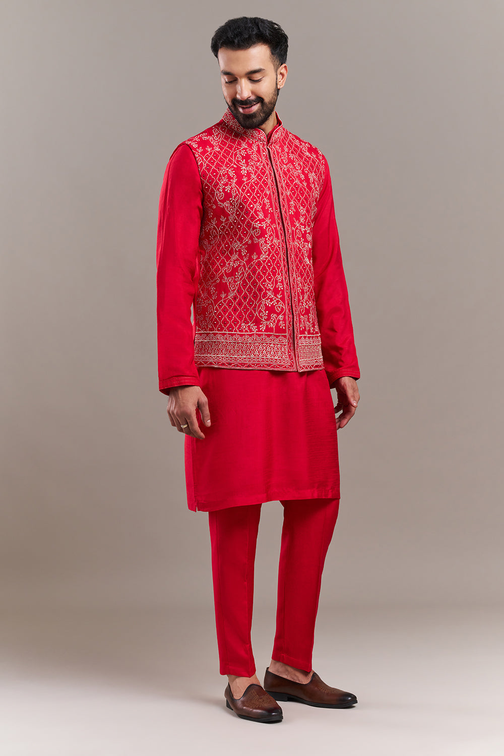 Red Art Silk Floral Work Men's Kurta with Jacket