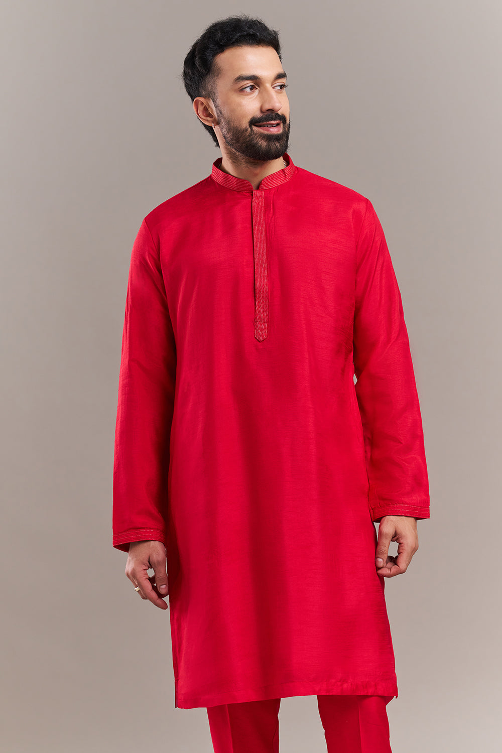 Red Art Silk Floral Work Men's Kurta with Jacket