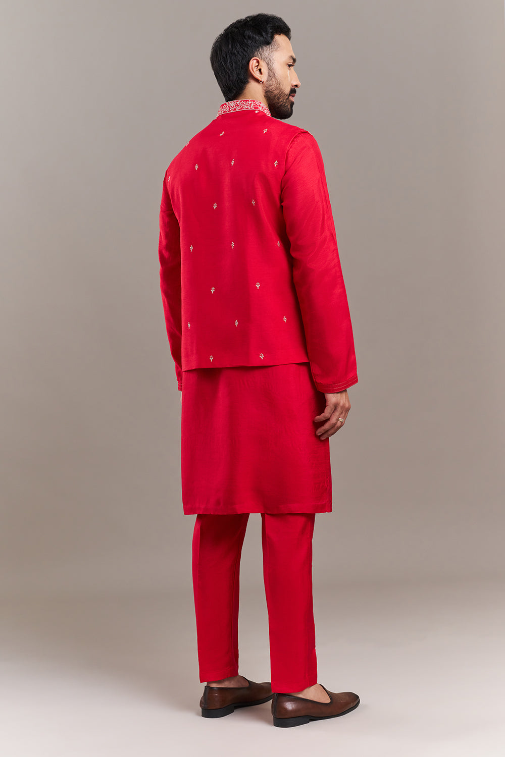 Red Art Silk Floral Work Men's Kurta with Jacket