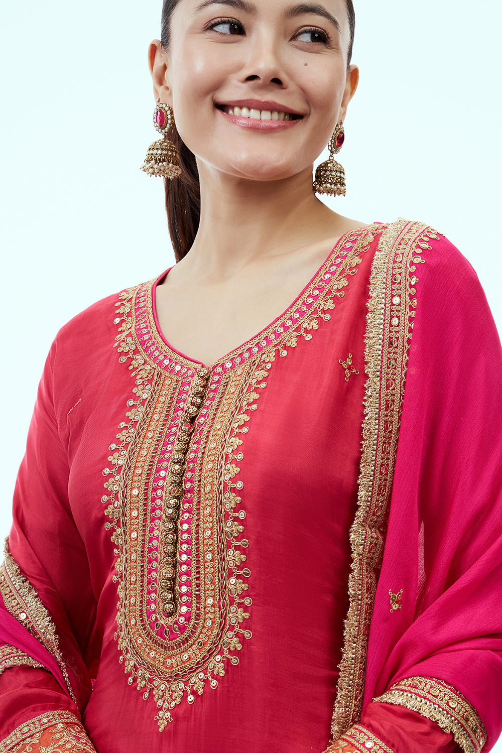 Red Art Silk Kurta Set with Zari Embroidery and Pink Dupatta