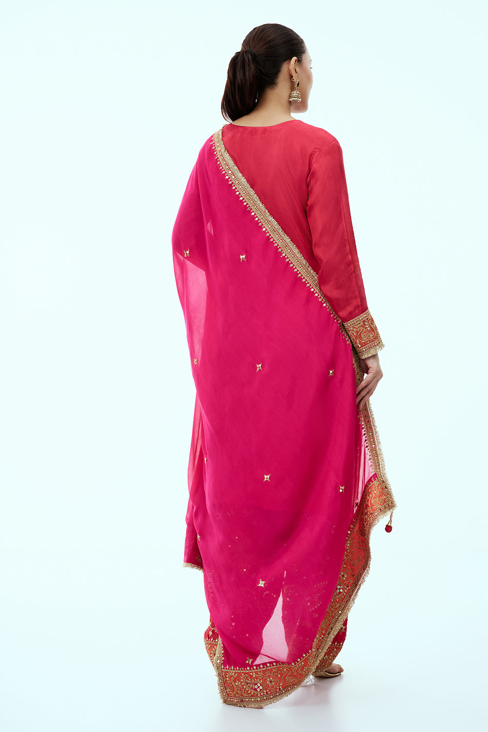 Red Art Silk Kurta Set with Zari Embroidery and Pink Dupatta