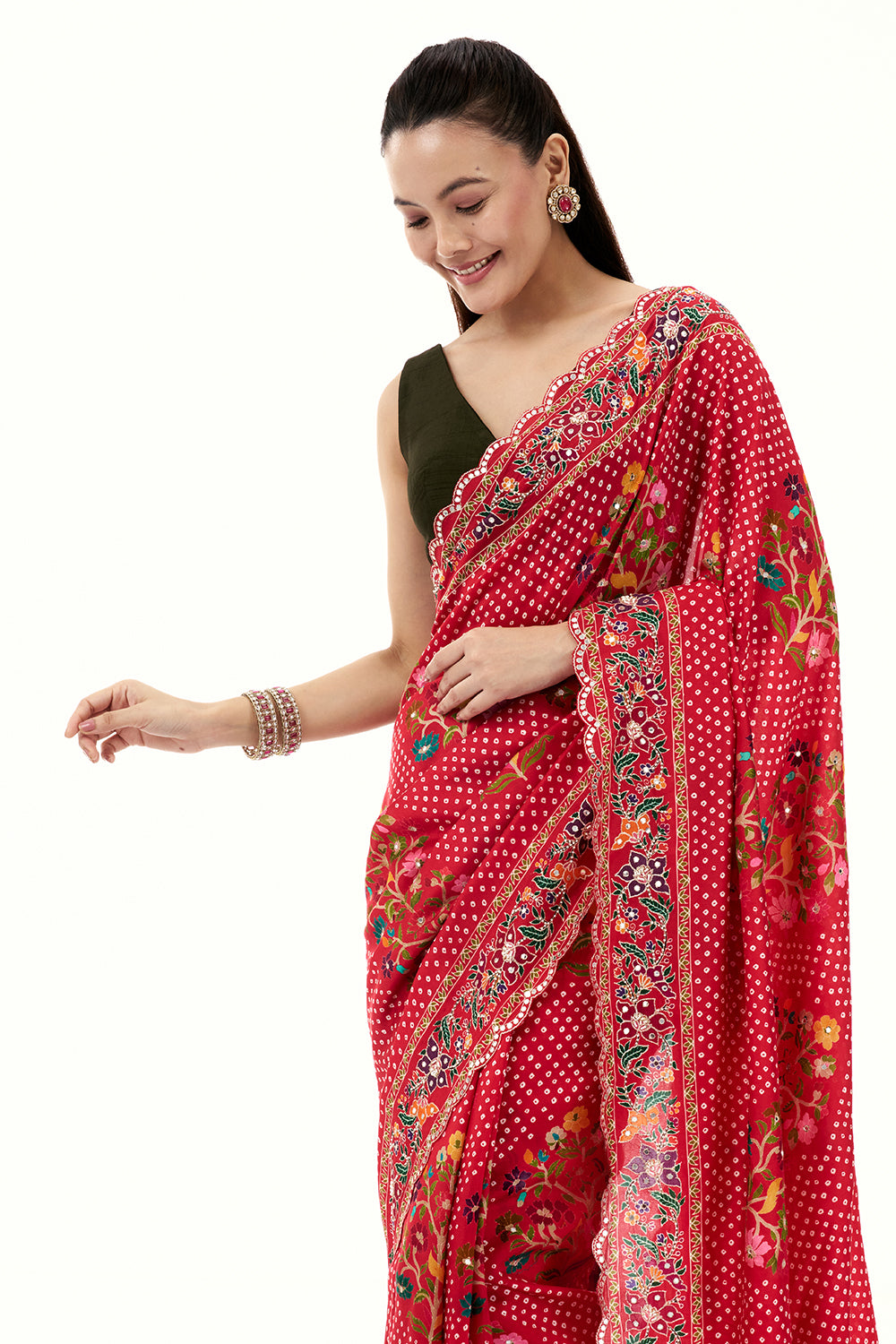 Red Art Silk Printed Saree with Mirror and Sequin Work
