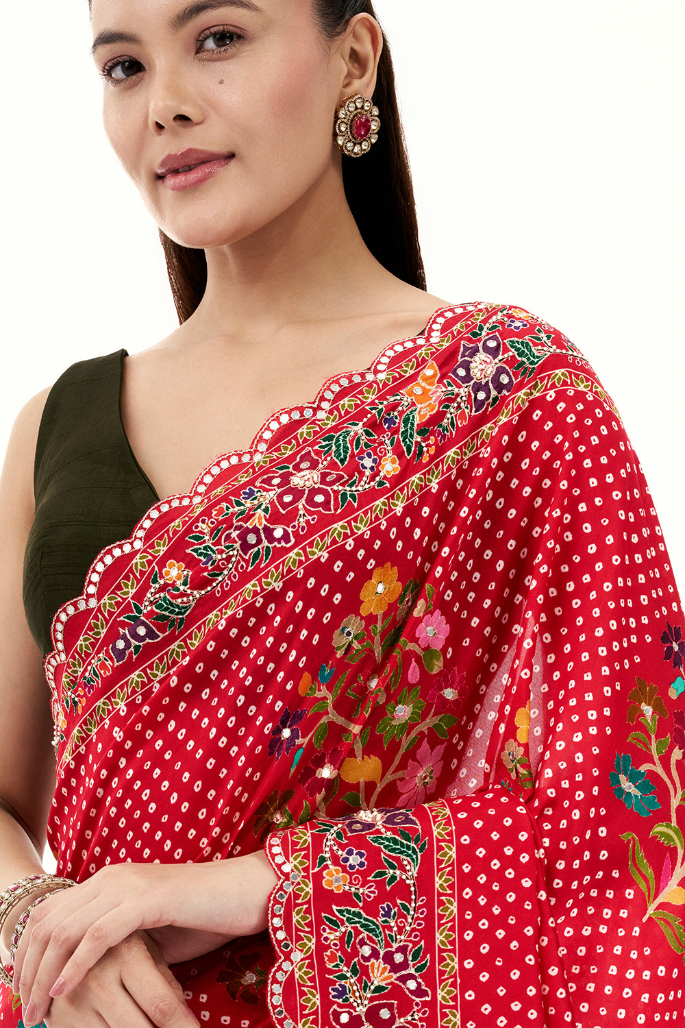 Red Art Silk Printed Saree with Mirror and Sequin Work