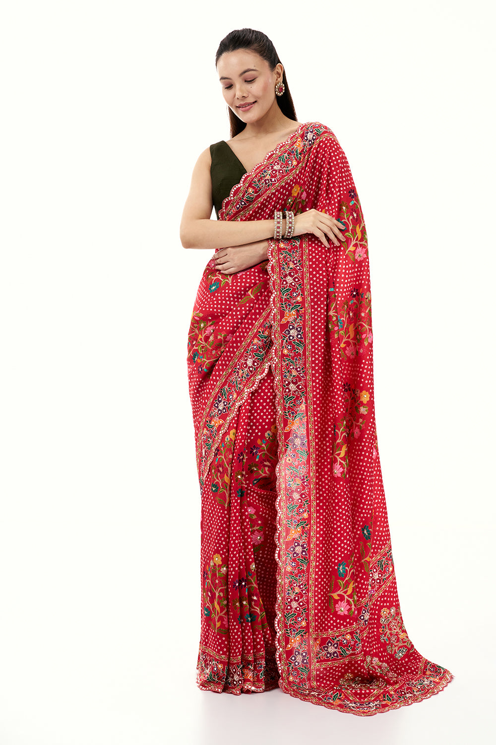 Red Art Silk Printed Saree with Mirror and Sequin Work