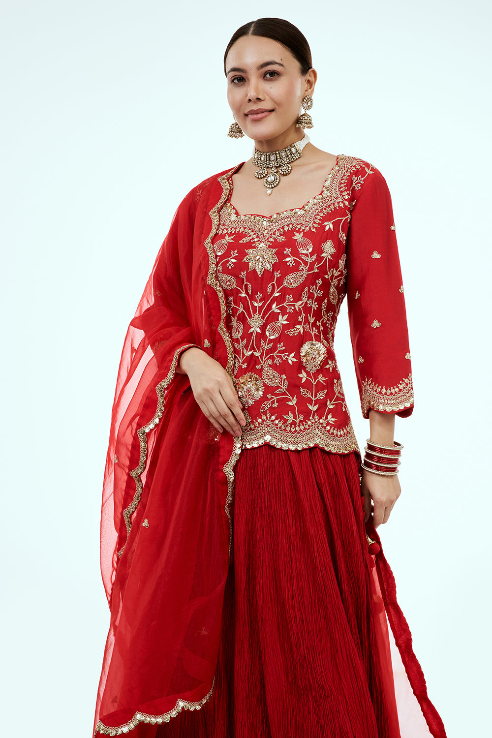 Red Art Silk Suit Set with Gota Work
