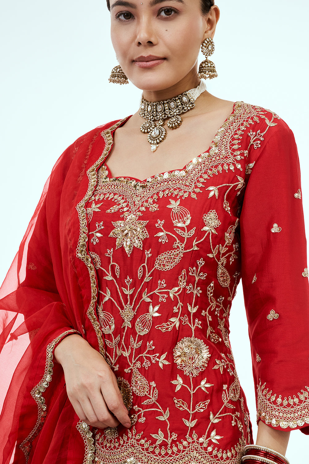 Red Art Silk Suit Set with Gota Work