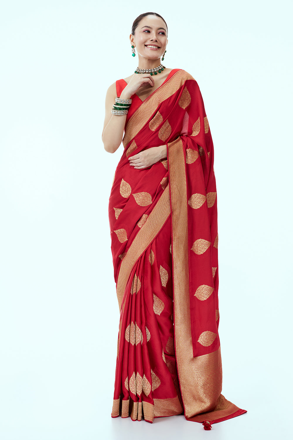 Red Banarasi Brocade Saree with Leaf Imprint and Unstitched Blouse