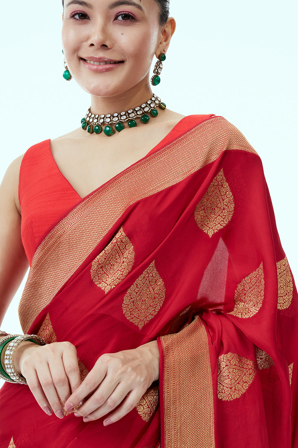 Red Banarasi Brocade Saree with Leaf Imprint and Unstitched Blouse