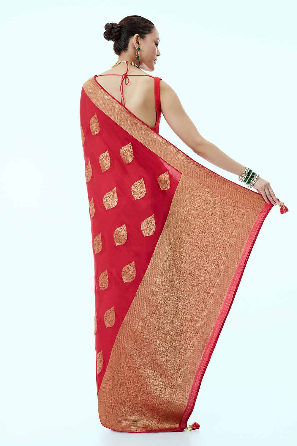 Red Banarasi Brocade Saree with Leaf Imprint and Unstitched Blouse