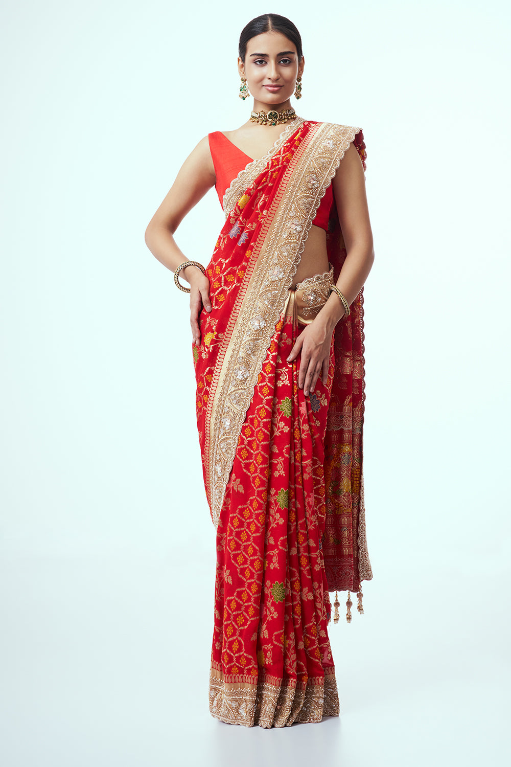 Red Banarasi Khadi Georgette Saree with Cutdana Work