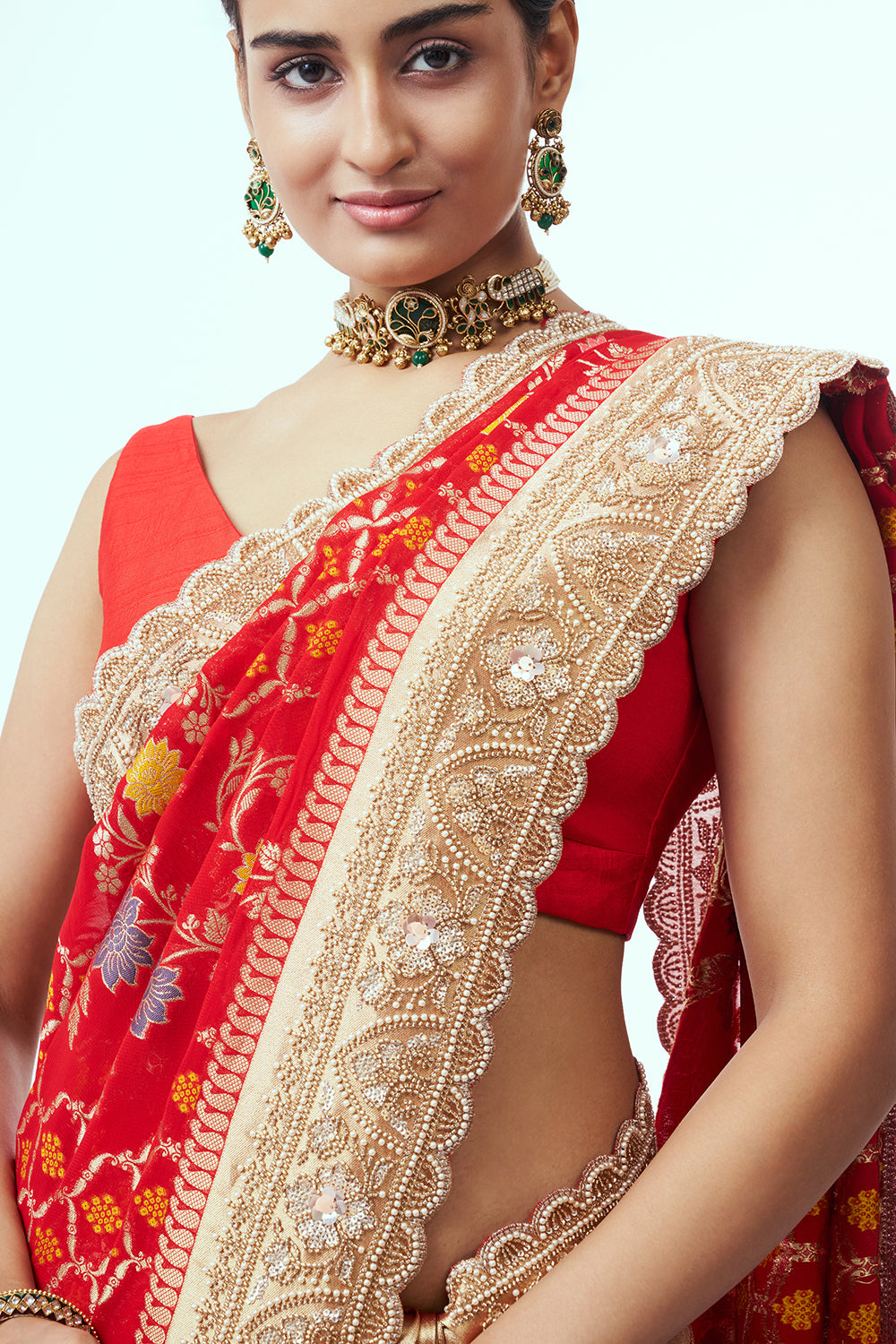 Red Banarasi Khadi Georgette Saree with Cutdana Work