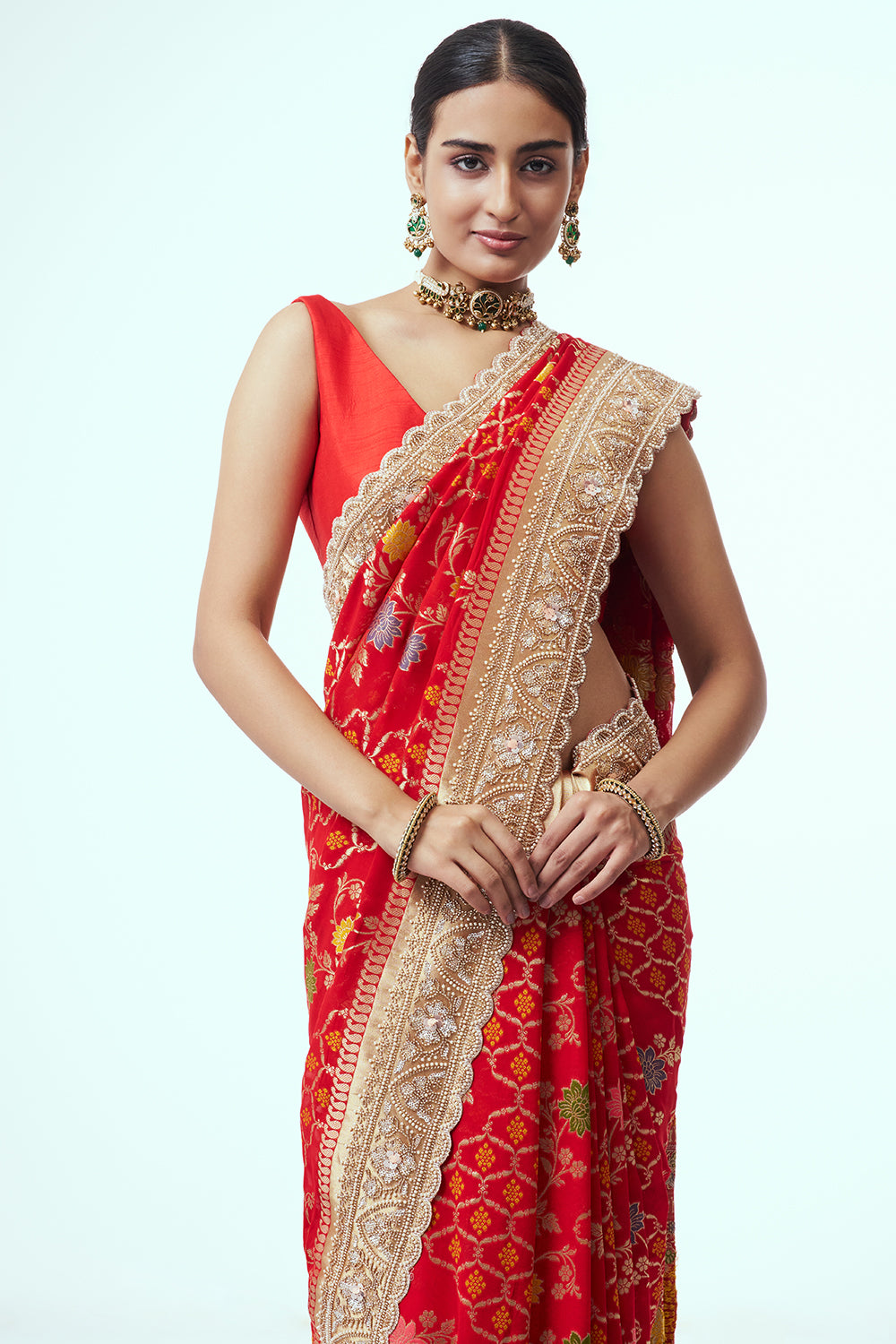 Red Banarasi Khadi Georgette Saree with Cutdana Work
