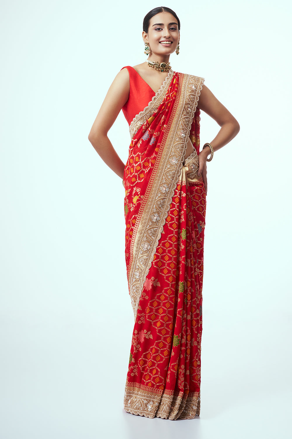 Red Banarasi Khadi Georgette Saree with Cutdana Work