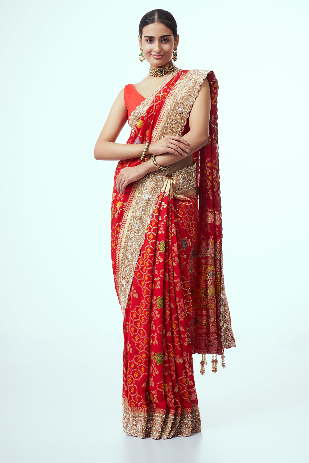Red Banarasi Khadi Georgette Saree with Cutdana Work
