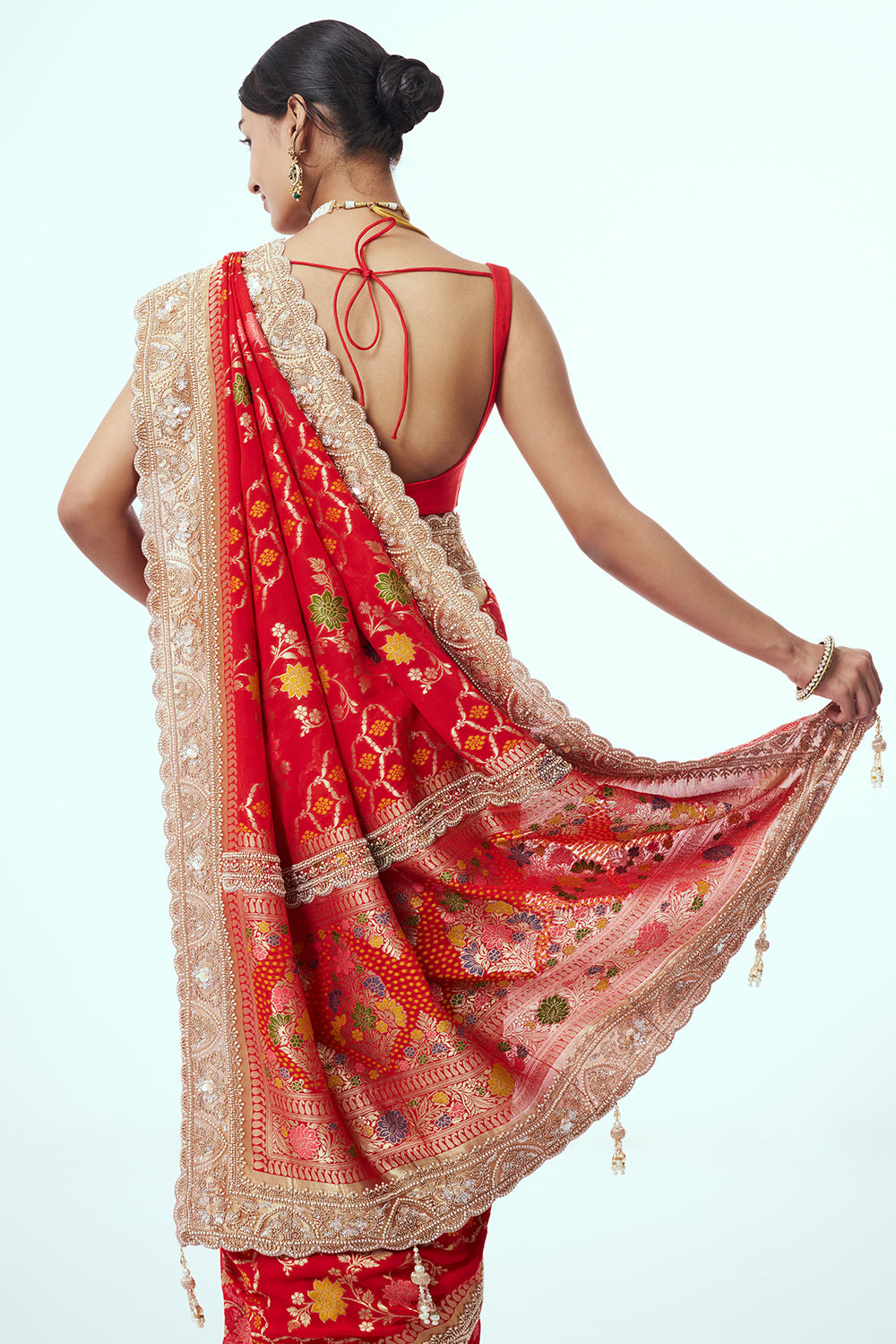 Red Banarasi Khadi Georgette Saree with Cutdana Work