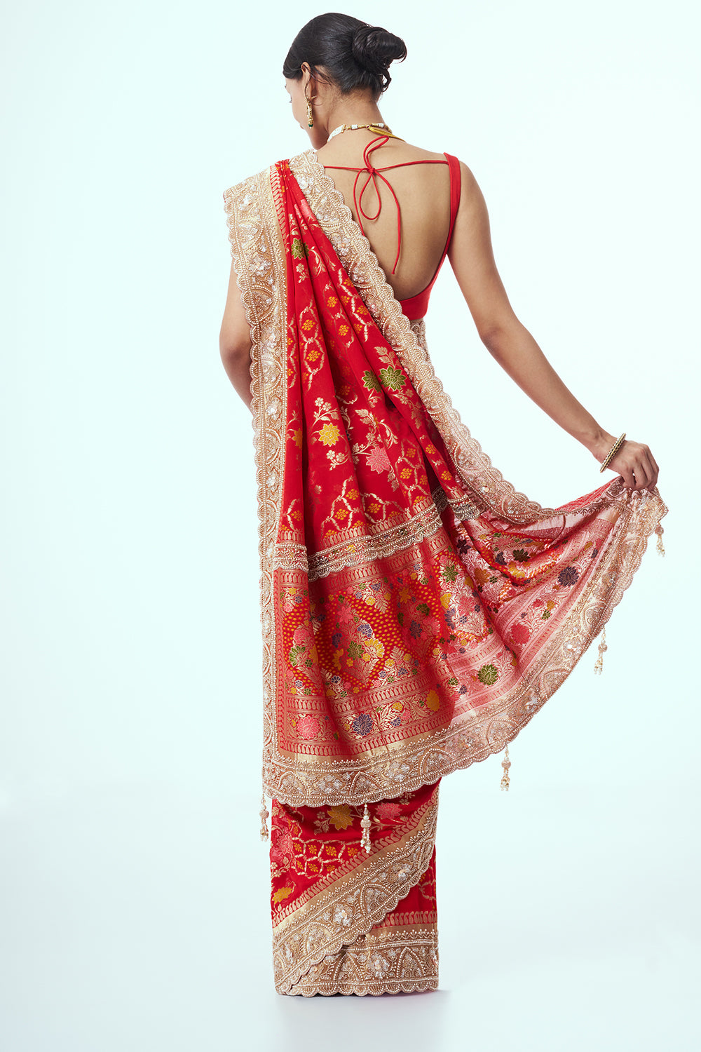 Red Banarasi Khadi Georgette Saree with Cutdana Work
