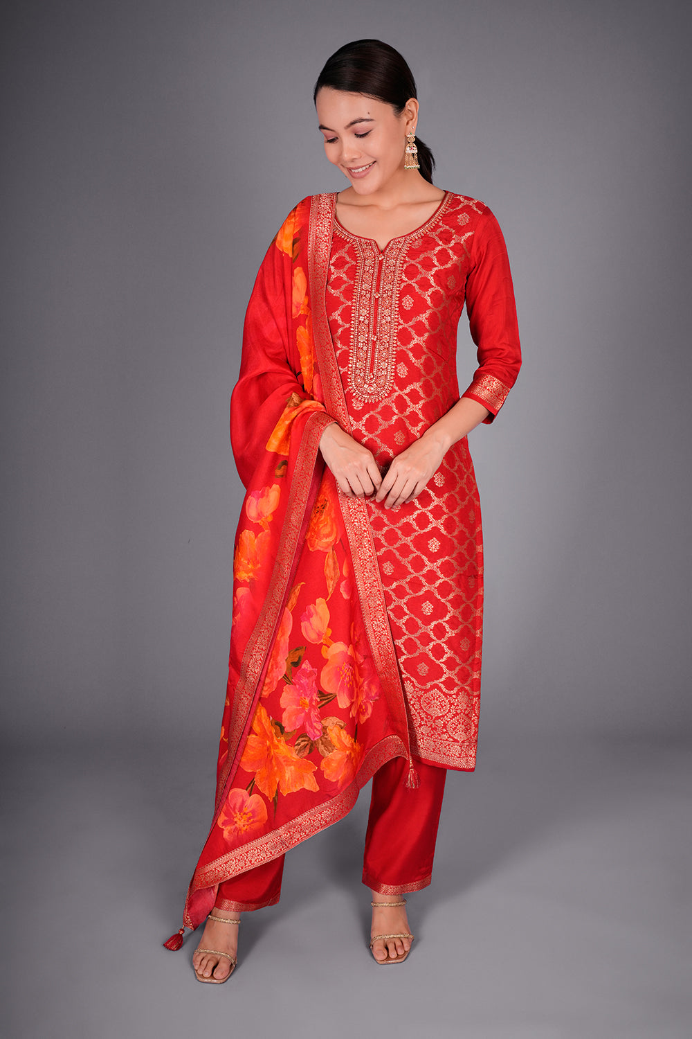 Red Banarasi Kurta Set with Floral Dupatta