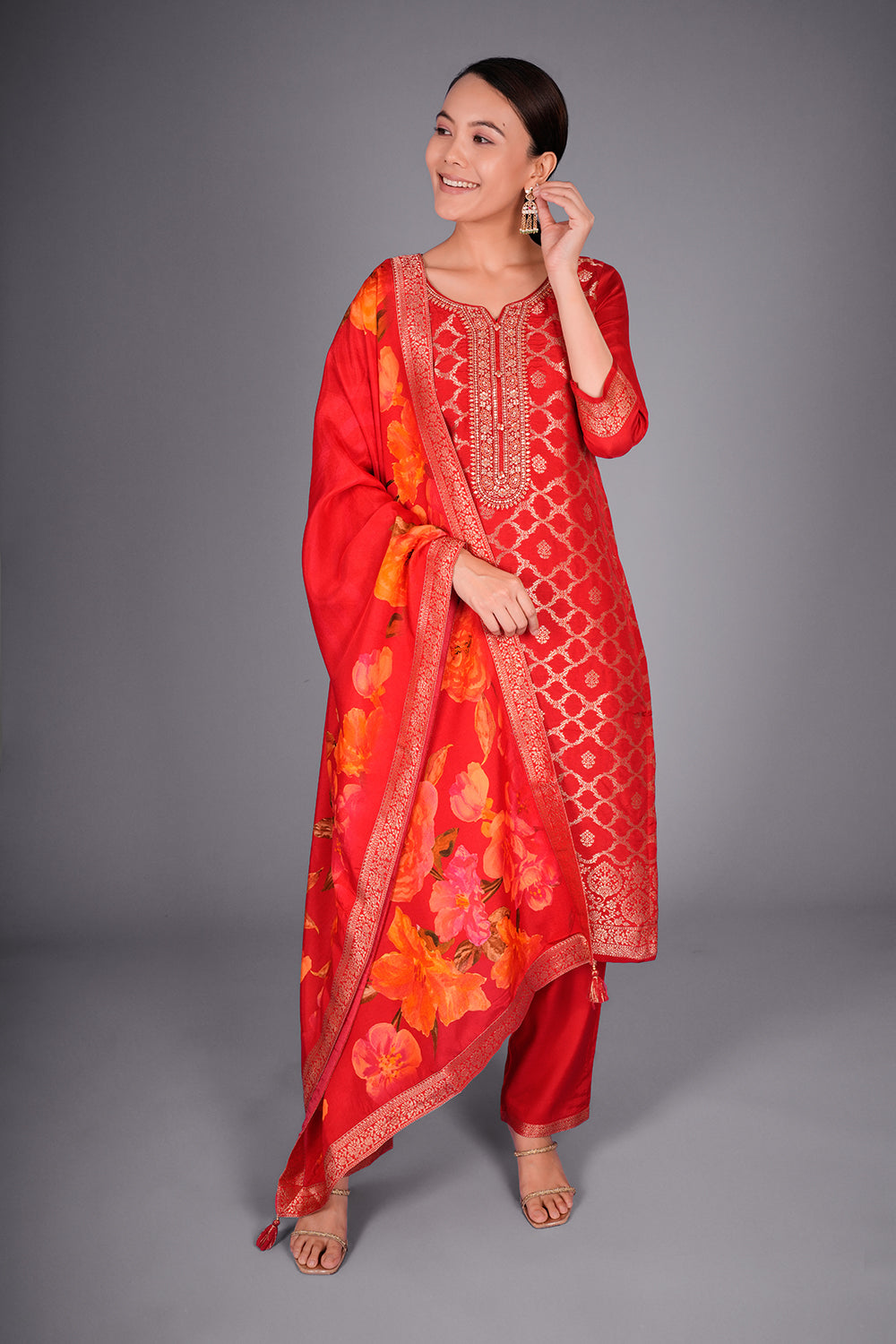 Red Banarasi Kurta Set with Floral Dupatta