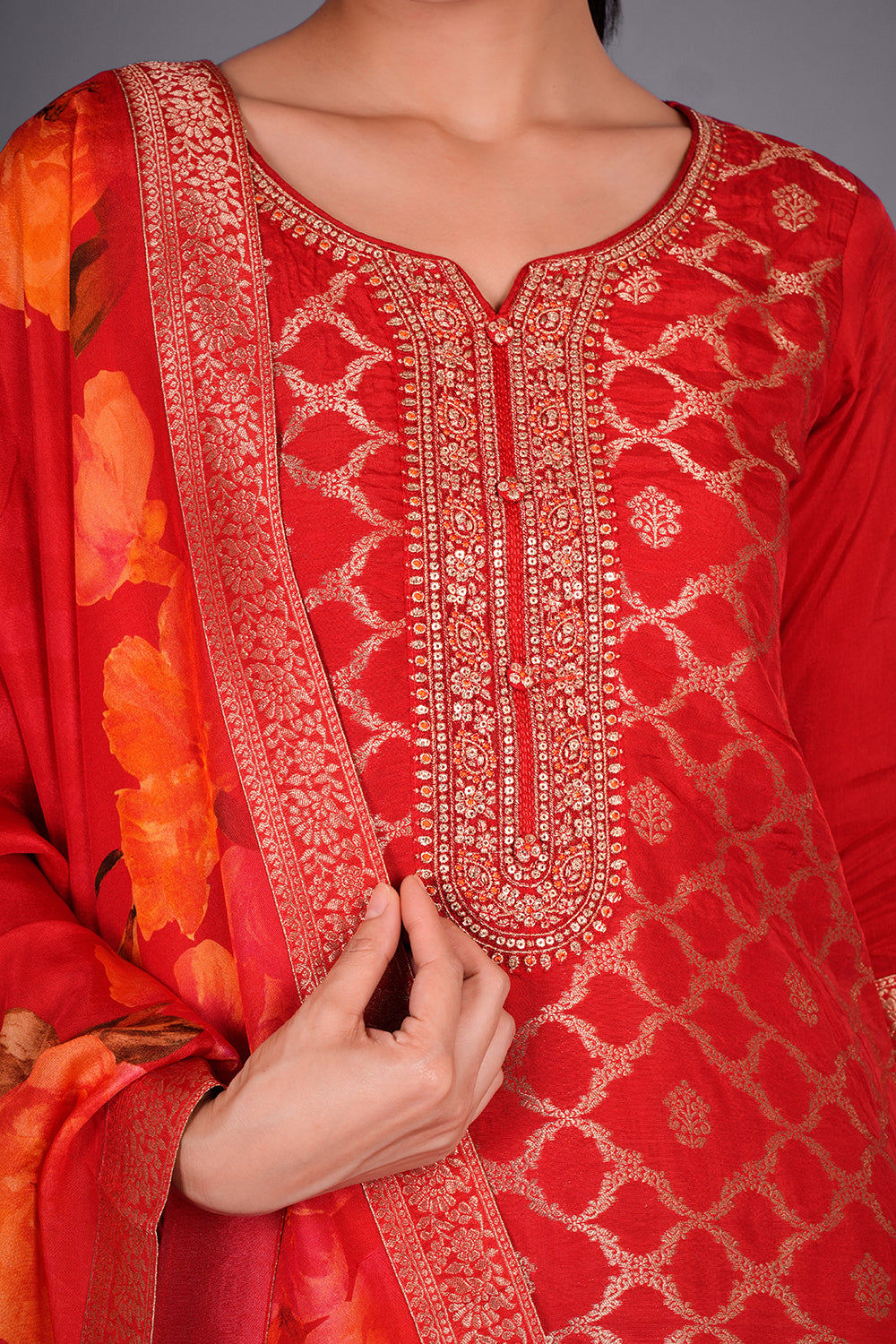 Red Banarasi Kurta Set with Floral Dupatta