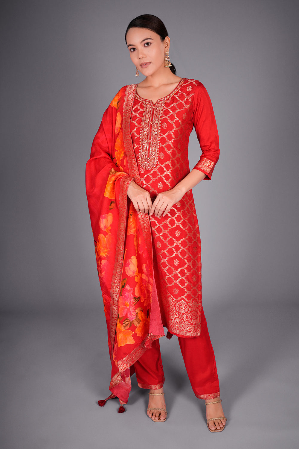 Red Banarasi Kurta Set with Floral Dupatta