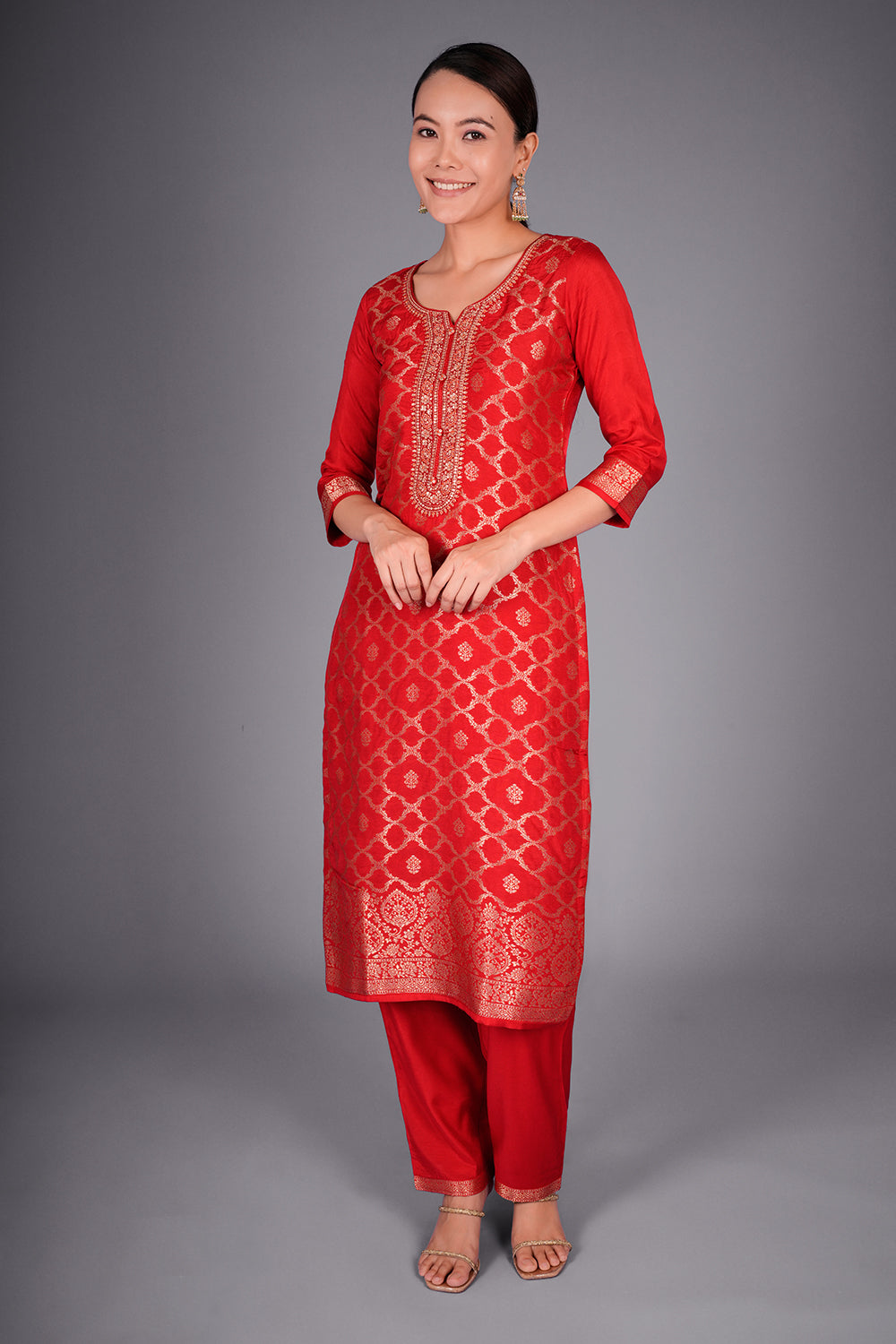 Red Banarasi Kurta Set with Floral Dupatta