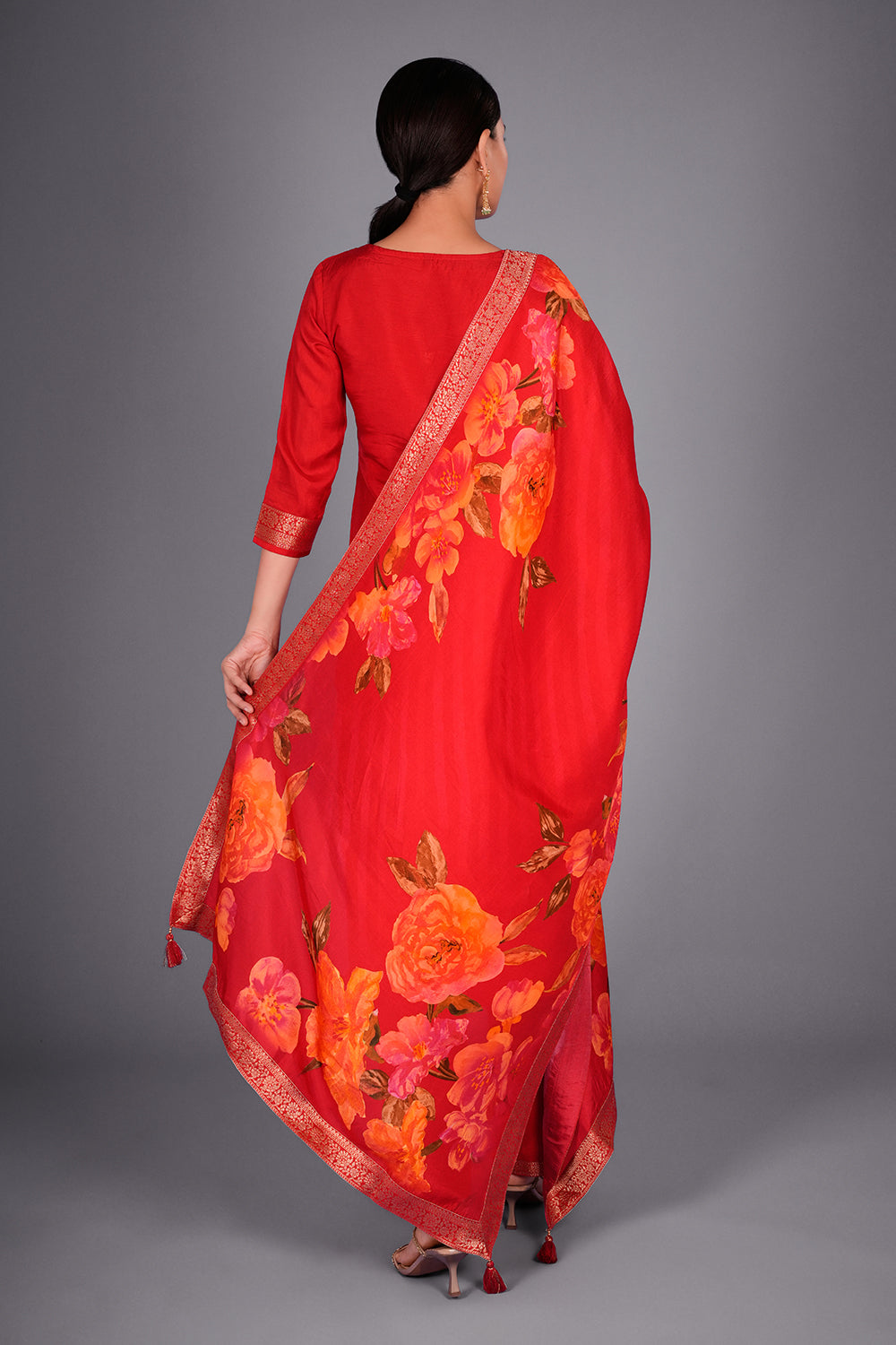 Red Banarasi Kurta Set with Floral Dupatta