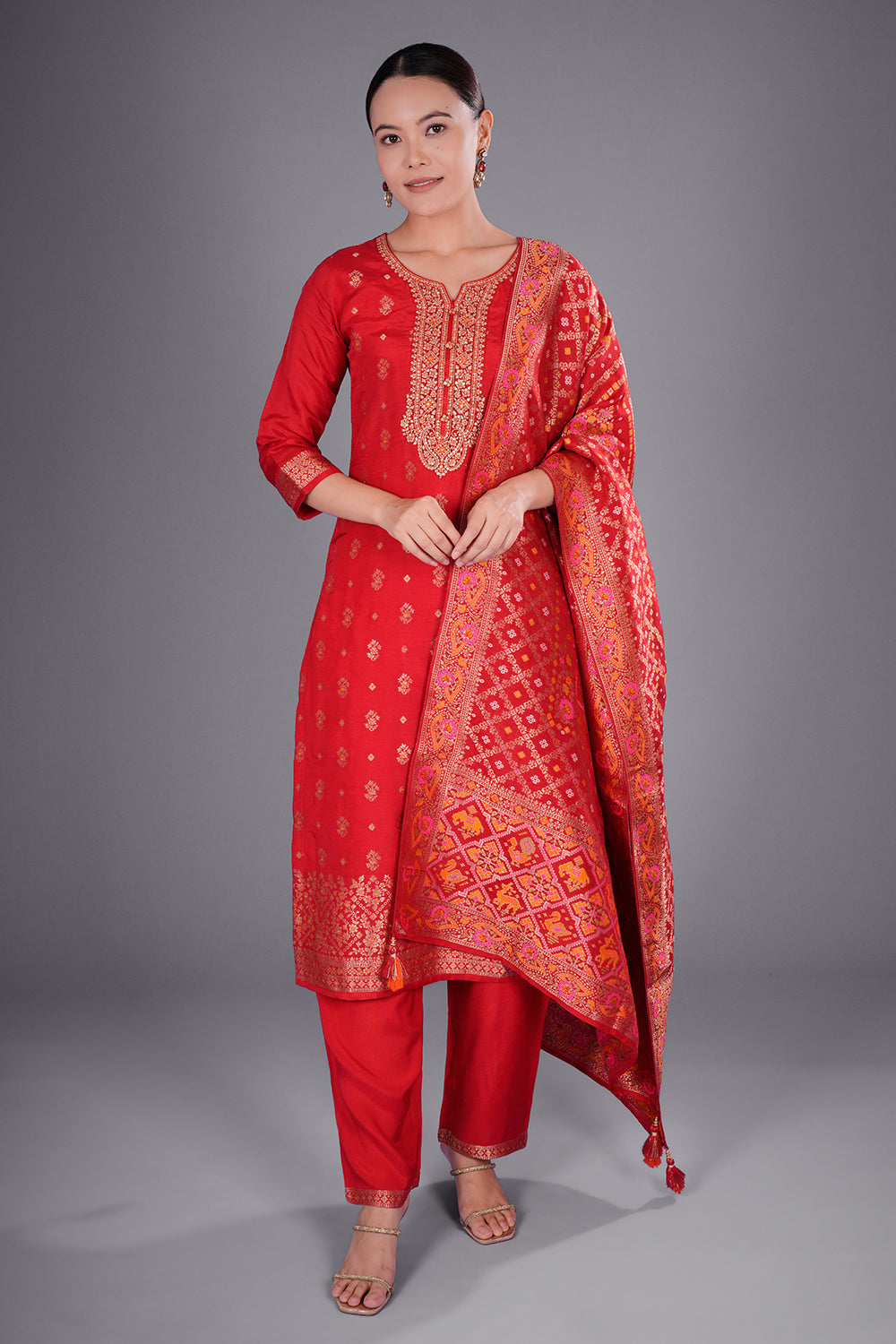 Red Banarasi Kurta Set with Zari Embroidery
