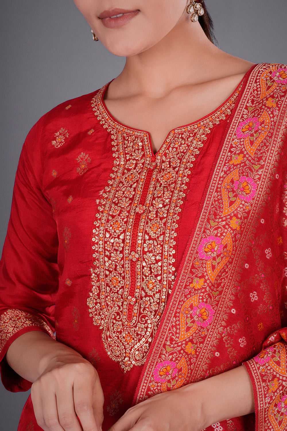 Red Banarasi Kurta Set with Zari Embroidery