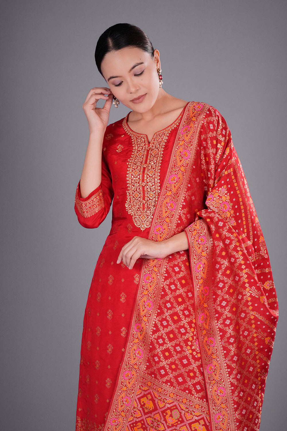 Red Banarasi Kurta Set with Zari Embroidery