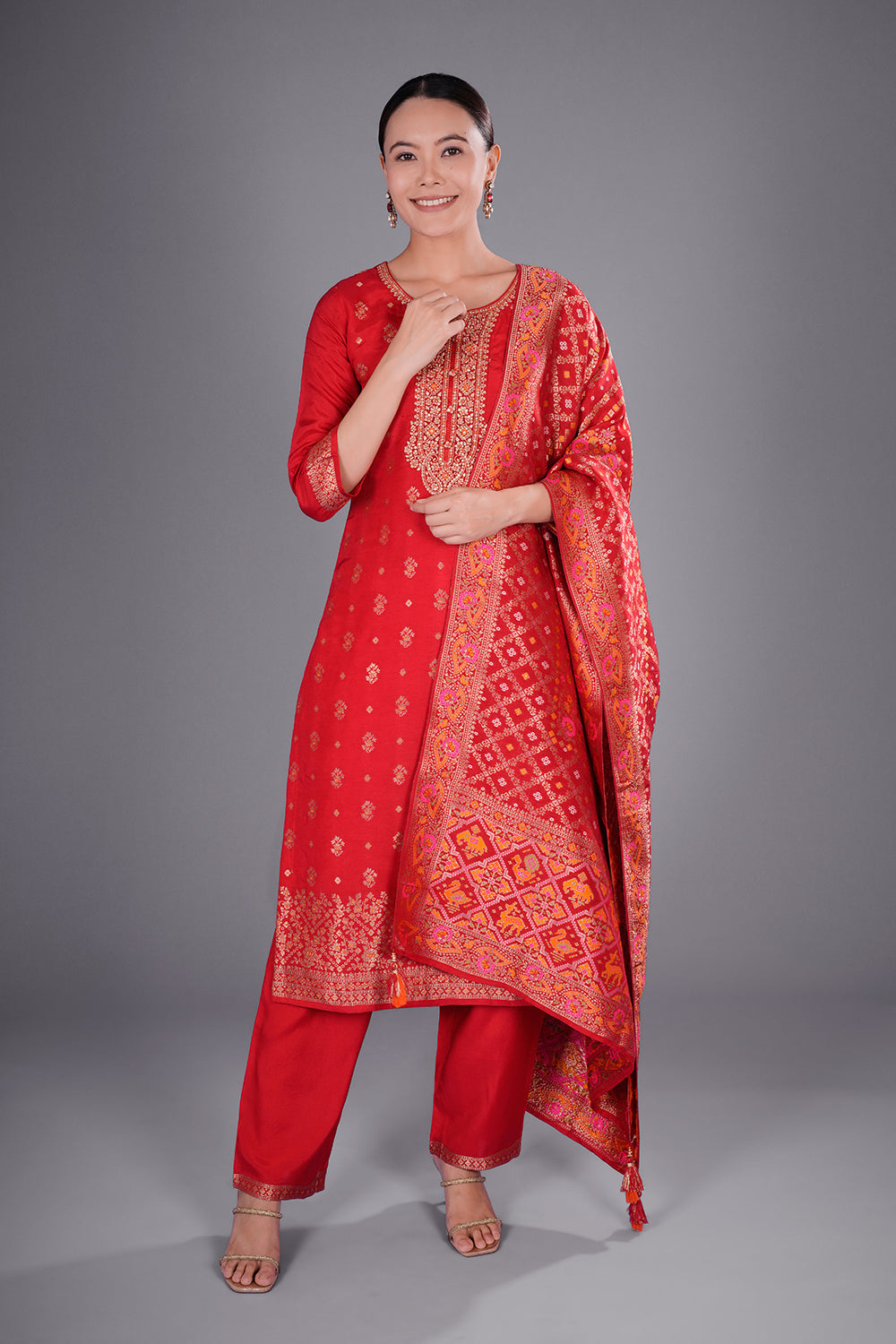 Red Banarasi Kurta Set with Zari Embroidery