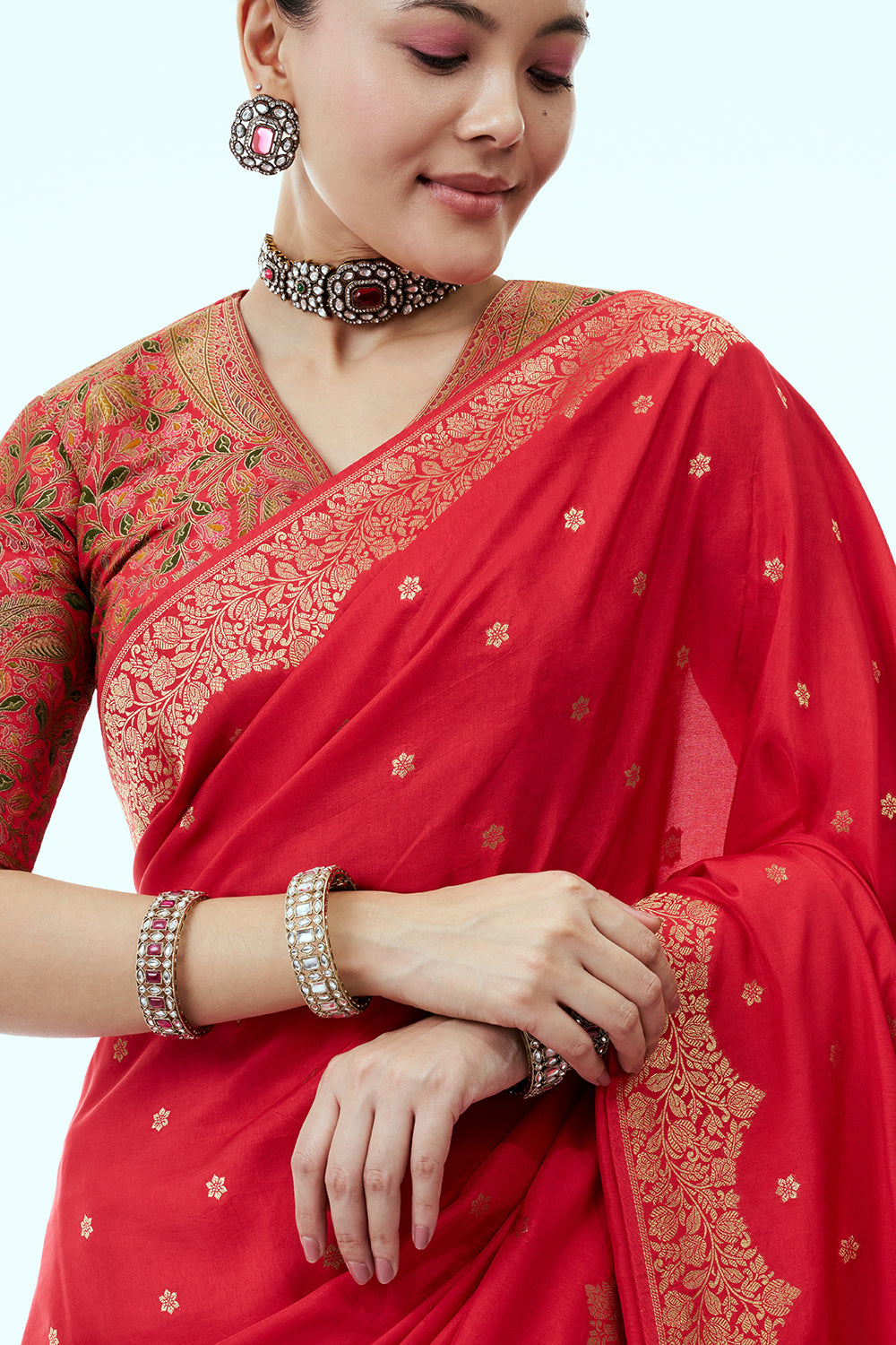 Red Banarasi Silk Saree with Zari Butti Work and Ready Made Blouse
