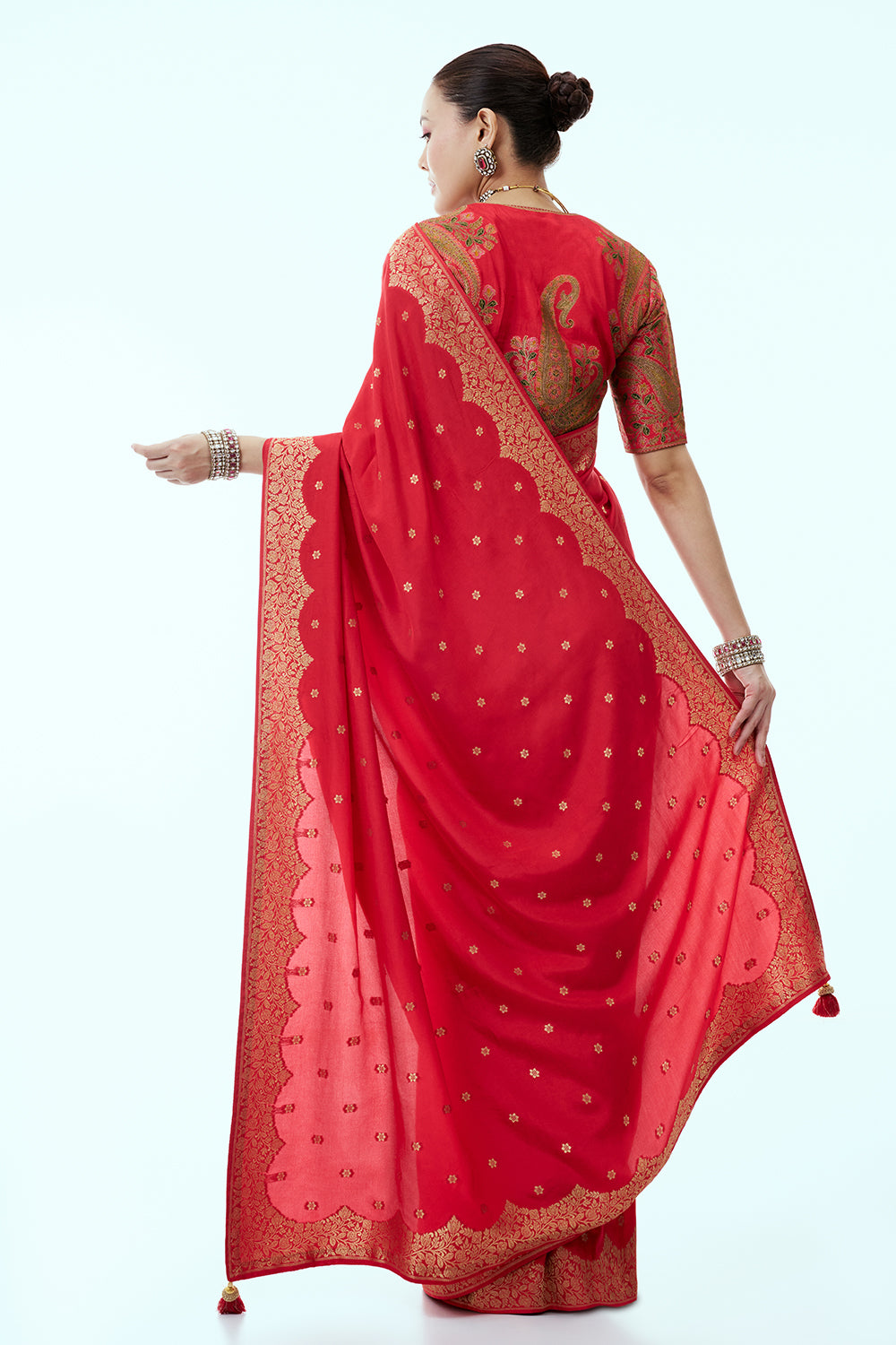 Red Banarasi Silk Saree with Zari Butti Work and Ready Made Blouse