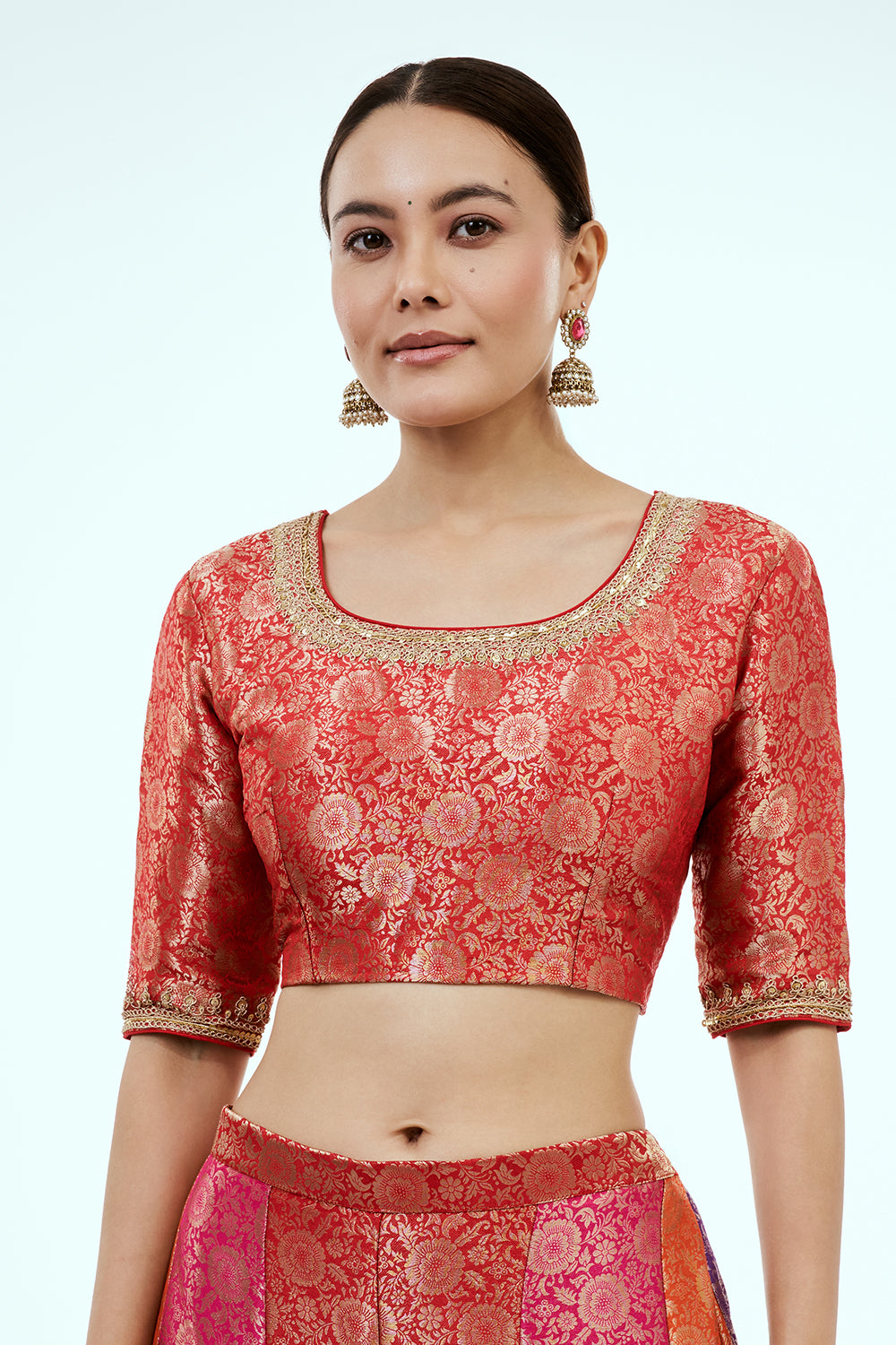 Red Brocade Silk Co-ord Set with Zardosi Work and Multicoloured Brocade Pants