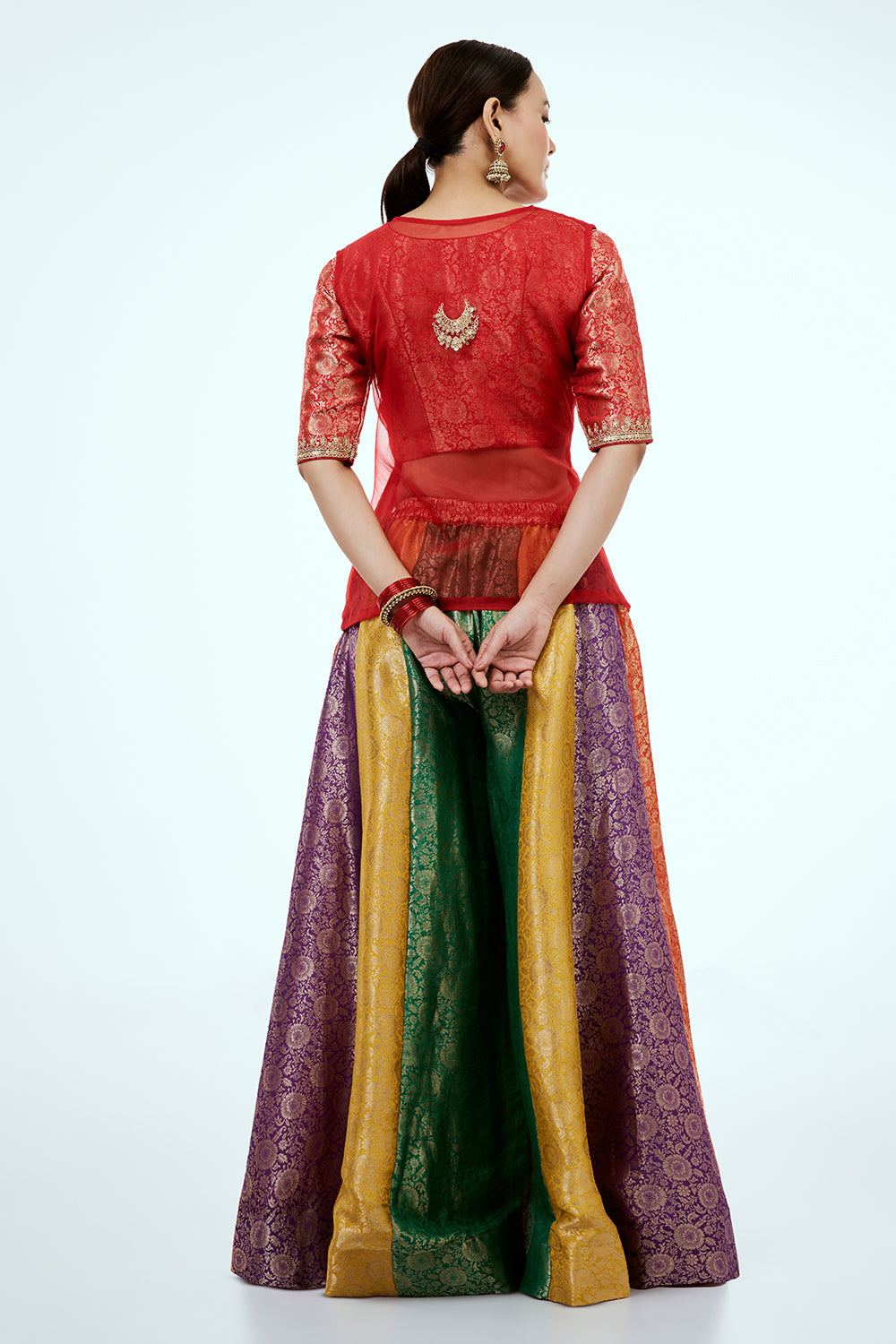 Red Brocade Silk Co-ord Set with Zardosi Work and Multicoloured Brocade Pants