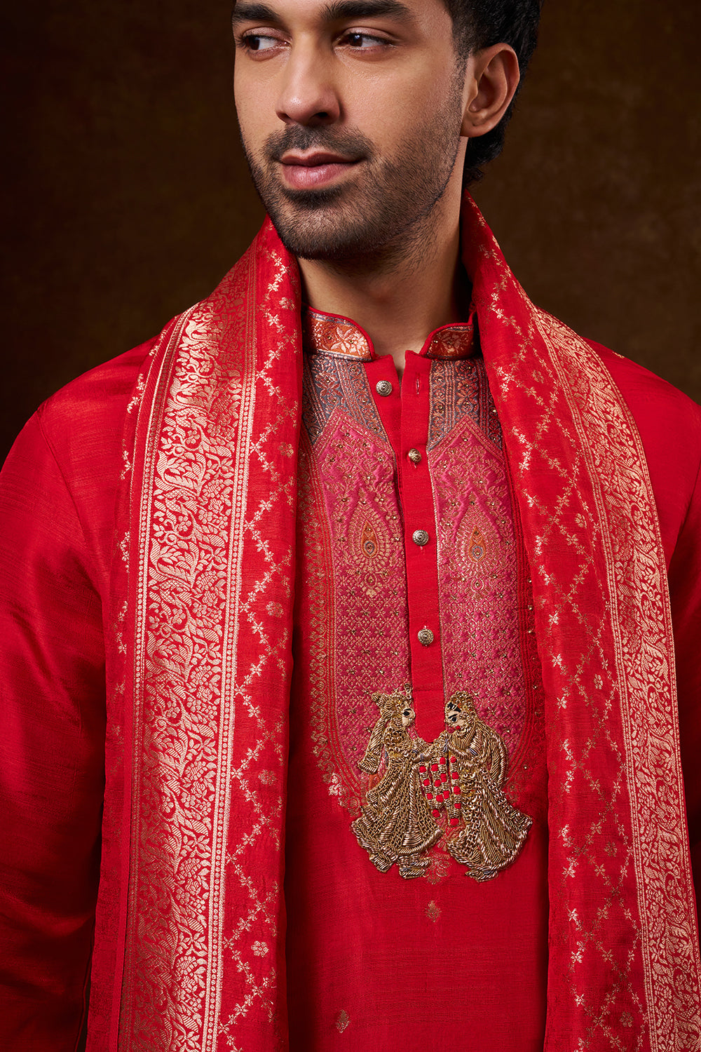 Red Brocade Silk Men's Kurta Set with Resham Work