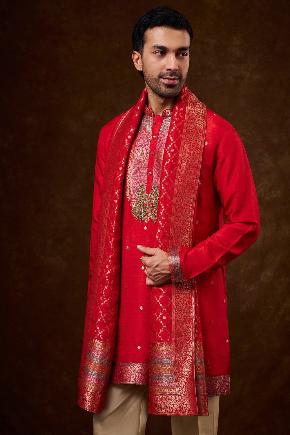 Red Brocade Silk Men's Kurta Set with Resham Work