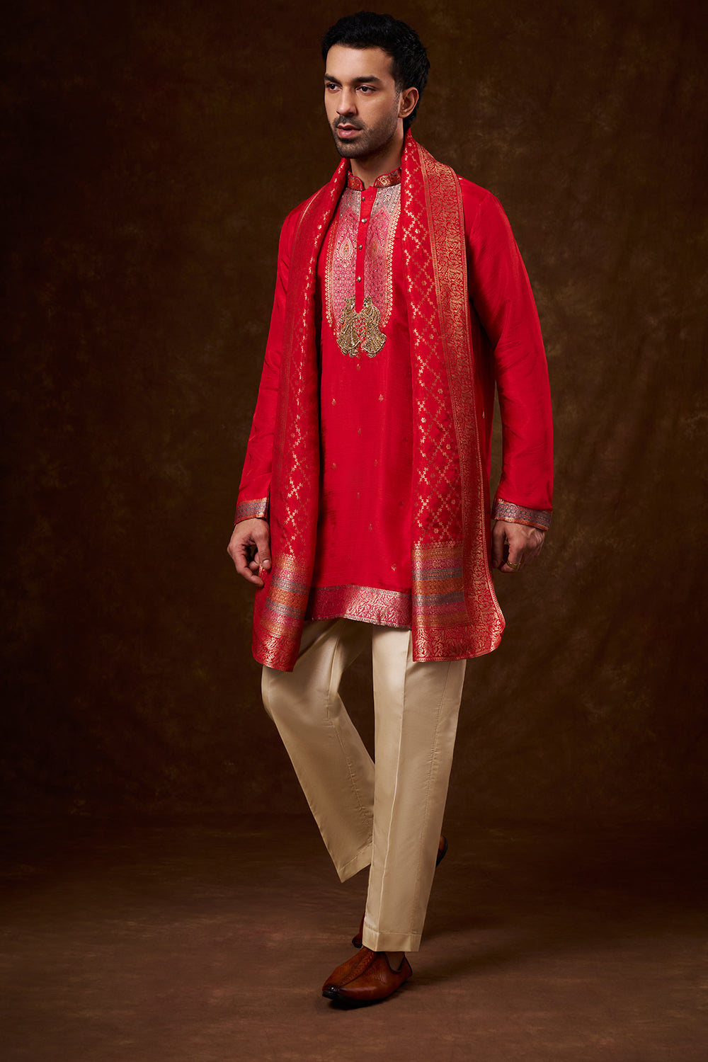 Red Brocade Silk Men's Kurta Set with Resham Work