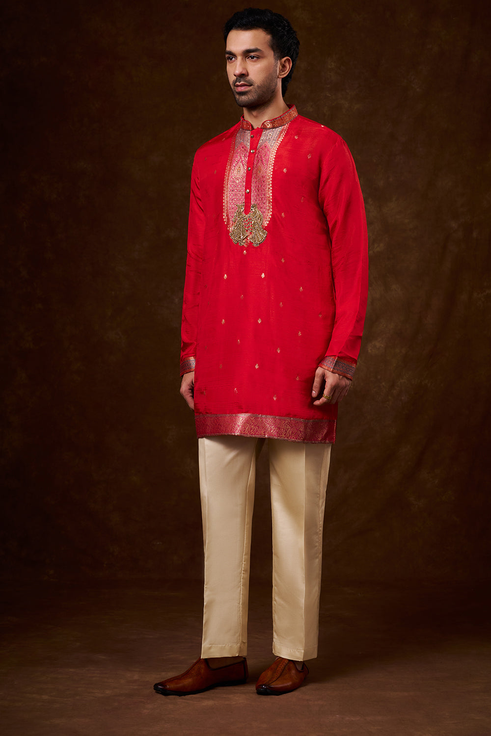 Red Brocade Silk Men's Kurta Set with Resham Work