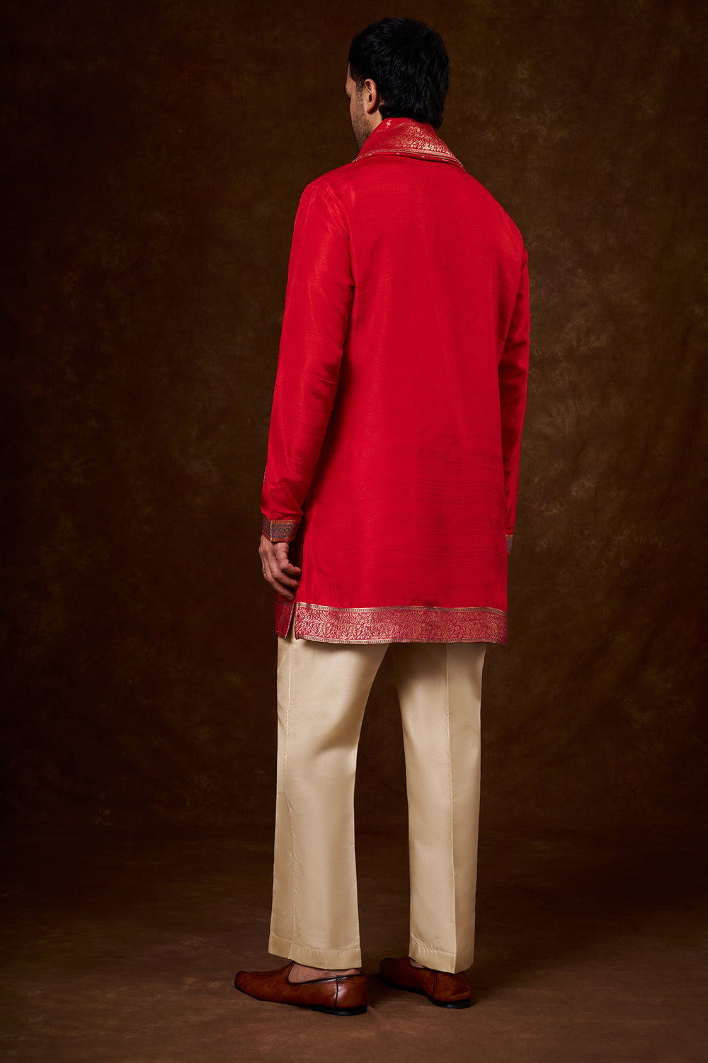 Red Brocade Silk Men's Kurta Set with Resham Work