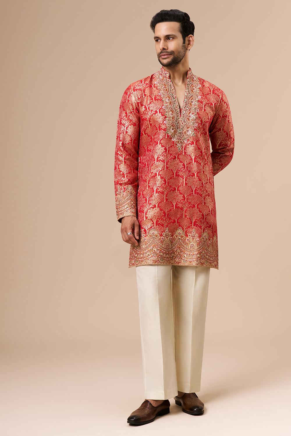 Red Brocade Silk Mens Kurta Set with Zari and Sequin Work