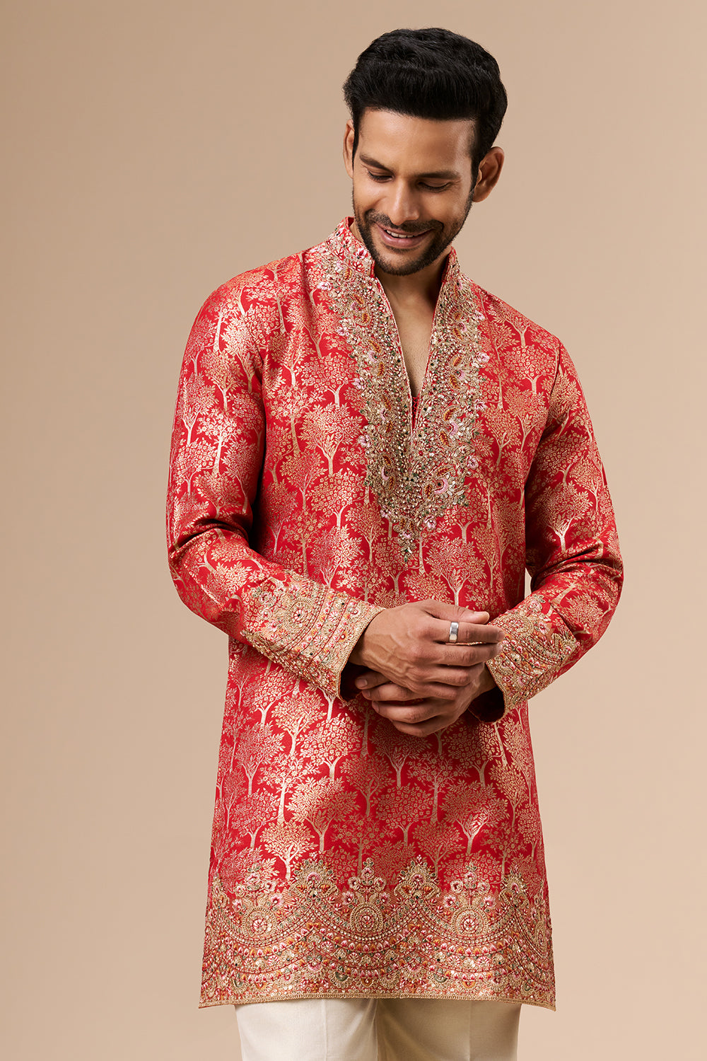 Red Brocade Silk Mens Kurta Set with Zari and Sequin Work